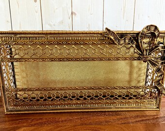 Vintage Filigree Ormolu Gold-Tone Metal Tissue Box Holder Hollywood Regency