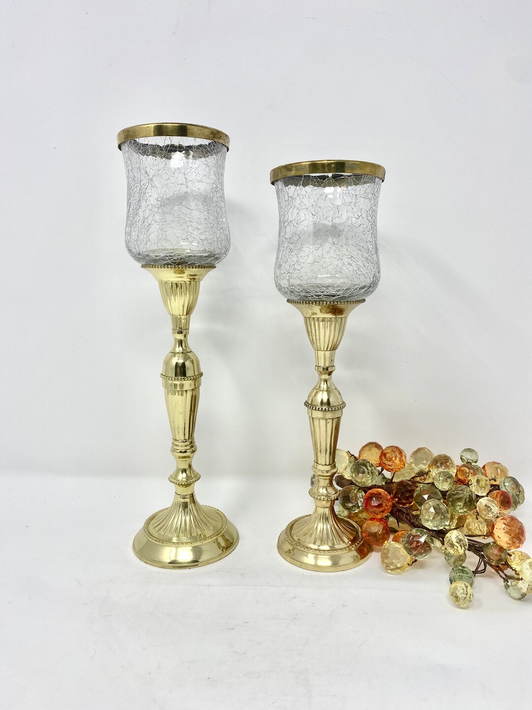 Brass Candlesticks With Crackle Glass Votive Inserts by Hosley Brass