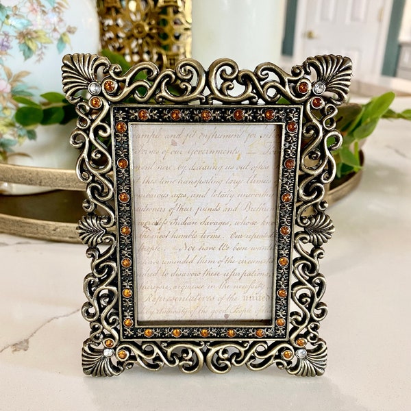 Mini Bronze Toned Metal 2 x 3 Picture Frame with Amber Clear Rhinestones Photo Frame