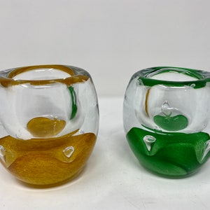 Murano Style Blown Glass Candle Holders Faceted Ball Gold Amber and Green Funky Vintage Decor Set of 2