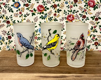 Vintage Frosted Glass Tumblers Hazel Atlas Birds Cardinal Bluebird Goldfinch 10 oz Set of 3