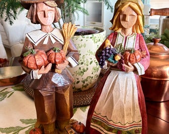 VTG Harvest Colors Pilgrim Couple 13” Resin Folk Art Tabletop Figurines Table Top Thanksgiving Decor