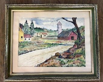 Framed Vintage Artwork Country Farmhouse Red Barn Cottagecore Decor