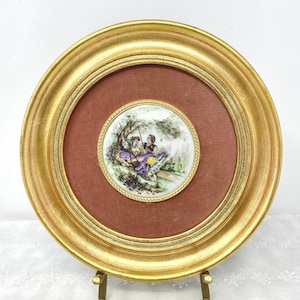 Vintage Hand bemalt Porzellan Runde Cameo von B & S Creations Viktorianische Paar Gold Rund Bilderrahmen Samt Matte RARE FIND