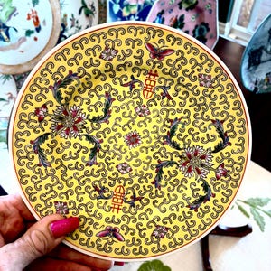 Chinese Mun Shou Porcelain 7” Longevity Plate Famille Rose Style Collectable Plates Asian Decor