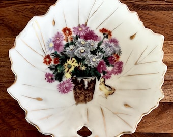 Vintage Nasco Japan Porcelain Trinket Dish Butter Pat Floral Duck, Leaf leaf-Shaped Design