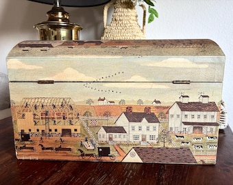 1988 Carol Hamilton Offet's Folk Art Wooden Keepsake Box / Trunk "Amish Autumn" Signed