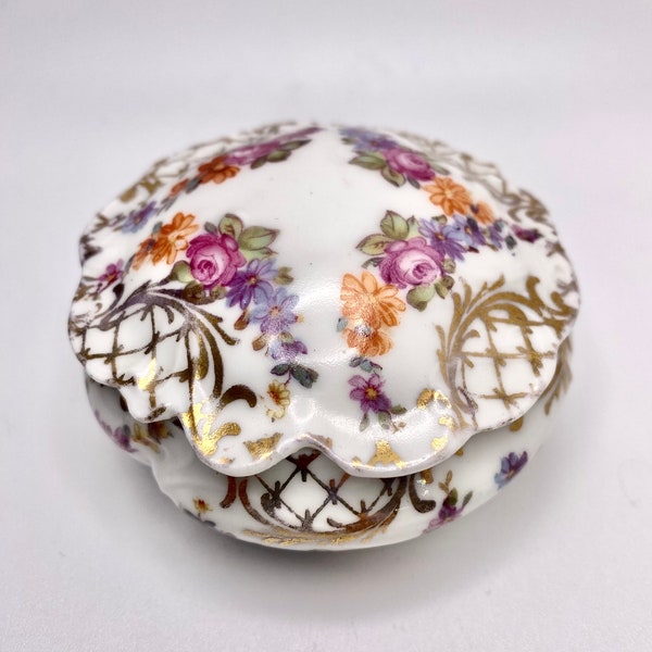 Small Round Antique Porcelain Dresser Vanity Trinket Lidded Dish Hand Painted Florals Design Gold Details