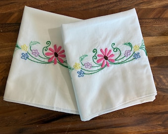 Vintage Hand Embroidered Pillow Cases: Standard Size, Set of 2