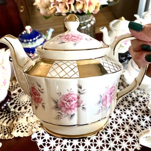 Vintage Arthur Wood & Son Hand Painted Teapot Pink Floral Pattern Gold Metallic Stripes Staffordshire England #5603