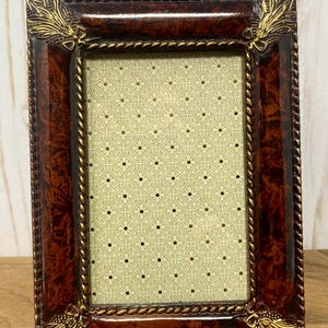 Burgundy Resin 3” x 5” Photo Frame with Gold Ornate Corners and Trim Black Velvet Backing Tabletop or Wall Mount