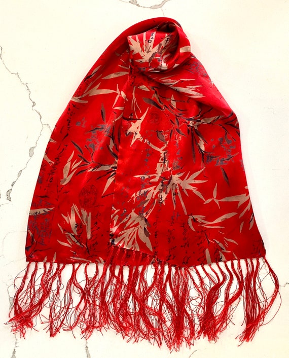 Vintage 100% Silk Scarf Red Fringed Scarf Bamboo J