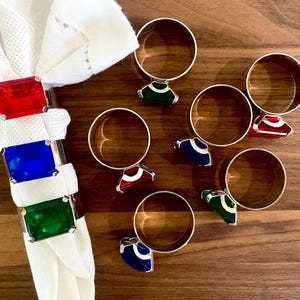 Vintage 90s Y2K Silver Plated Chunky Jeweled Ring Themed Napkin Rings Set of 9 Red, Blue, Green Napkin Holders Party Decor
