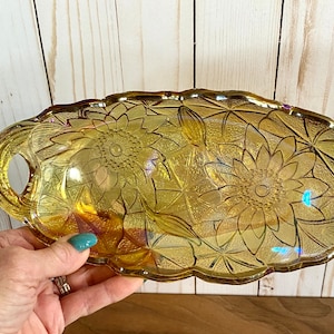 Vintage Indiana Glass Co Carnival Glass Lily Pad Sunflowers Oblong Handled Dish Bowl Gold MCM