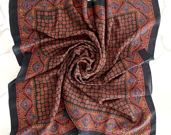 100% Silk Square Neck Scarf in Reds Blues Golds on Black Fashion Scarf Hand Rolled Stiched Edges