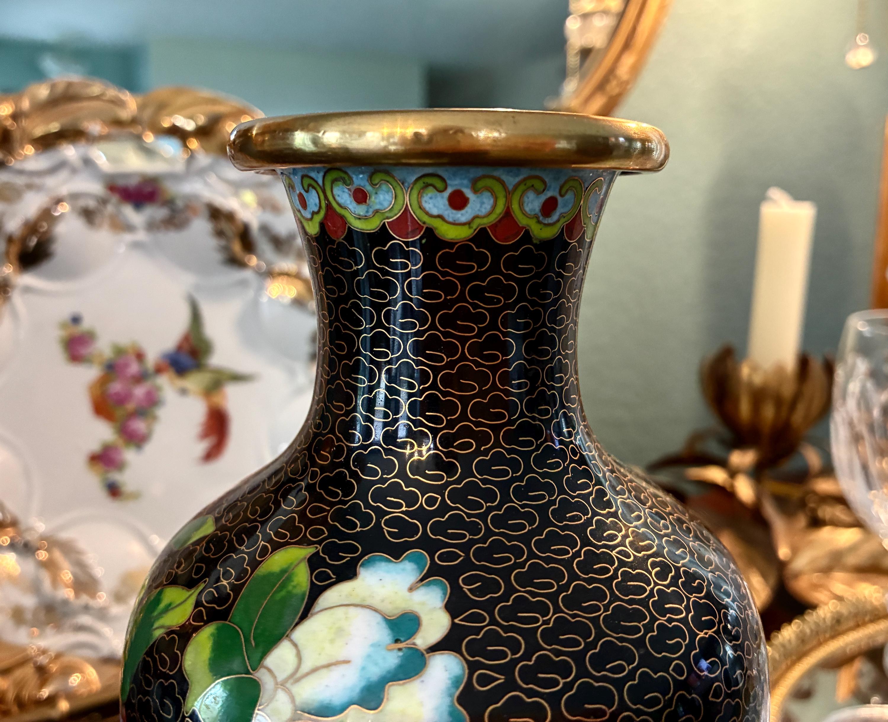 Vintage Chinese Cloisonne 8” Vase for Flowers Pink Florals on