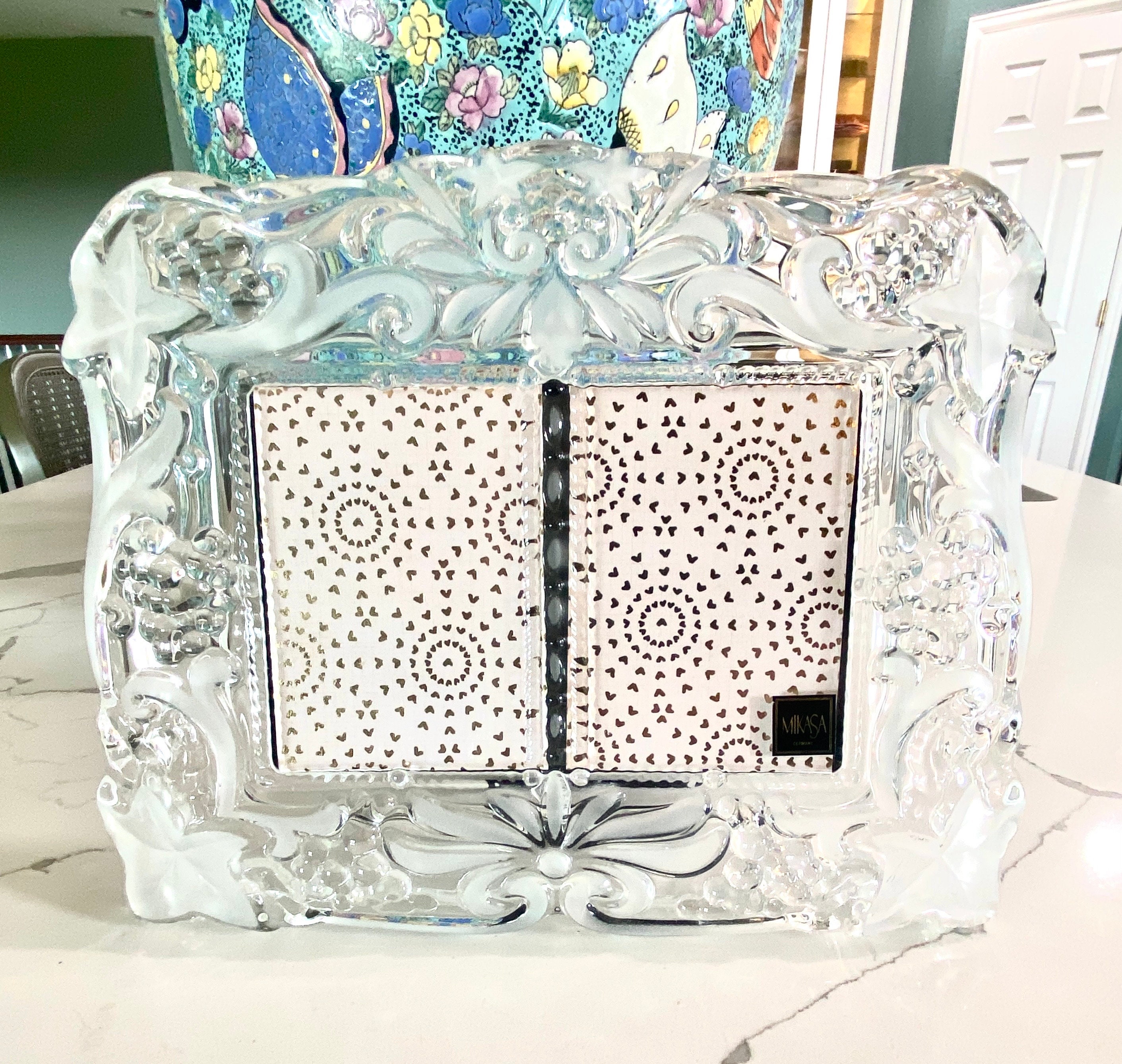 Vintage Mikasa Cut Crystal Double Photo Frame: Etched Roses, 3” X