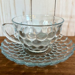 Vintage ANCHOR HOCKING Blue Depression Blue Bubble Glass Teacup and Saucer Set