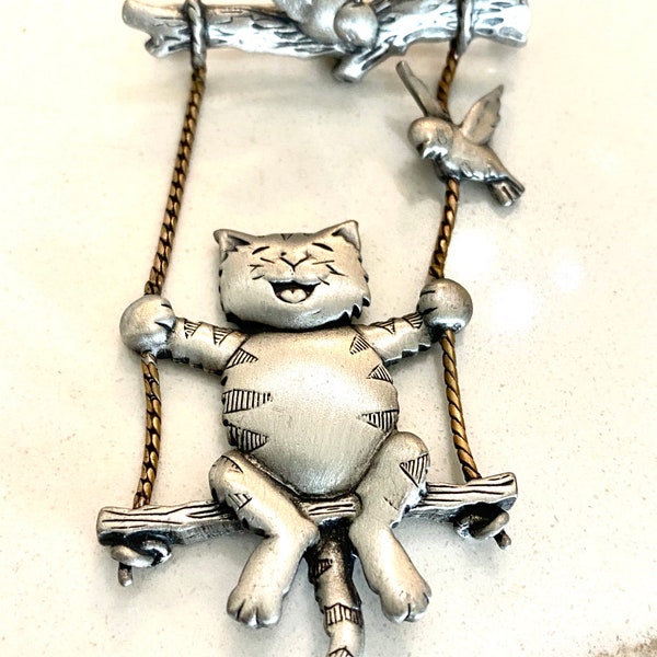 Vintage JJ Jonette Pewter Cat on a Swing with Birds Pin Brooch Kitty Jewelry