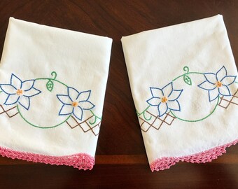 Vintage Hand Embroidered Pillow Cases: Floral Lace Trim, Standard Size, Set of 2
