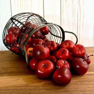Artificial Apples 41 pcs Plastic Faux Fruits in a Metal Handled Basket Small Apples, Bowl Fillers