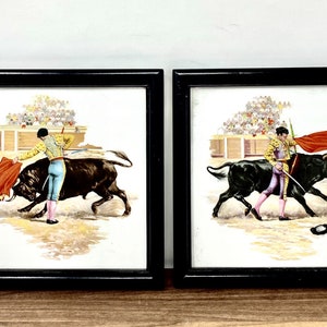Corrida De Toros Bullfighter Matador 6” Square Ceramic Tiles Framed Vintage Spain Set of 2
