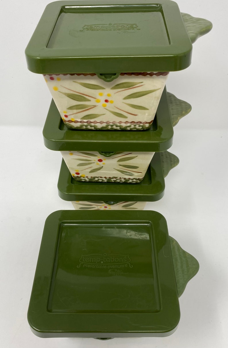 Temptations by Tara Old World Green Ramekins 10 Oz Square Baking Lids