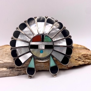 Brilliant Vintage Native American Zuni Inlay Sunface Turquoise Coral Jet Sterling Silver Bolo Brilliant Vintage Native American Zuni Inlay Sunface Turquoise Coral Jet Sterling Silver Bolo