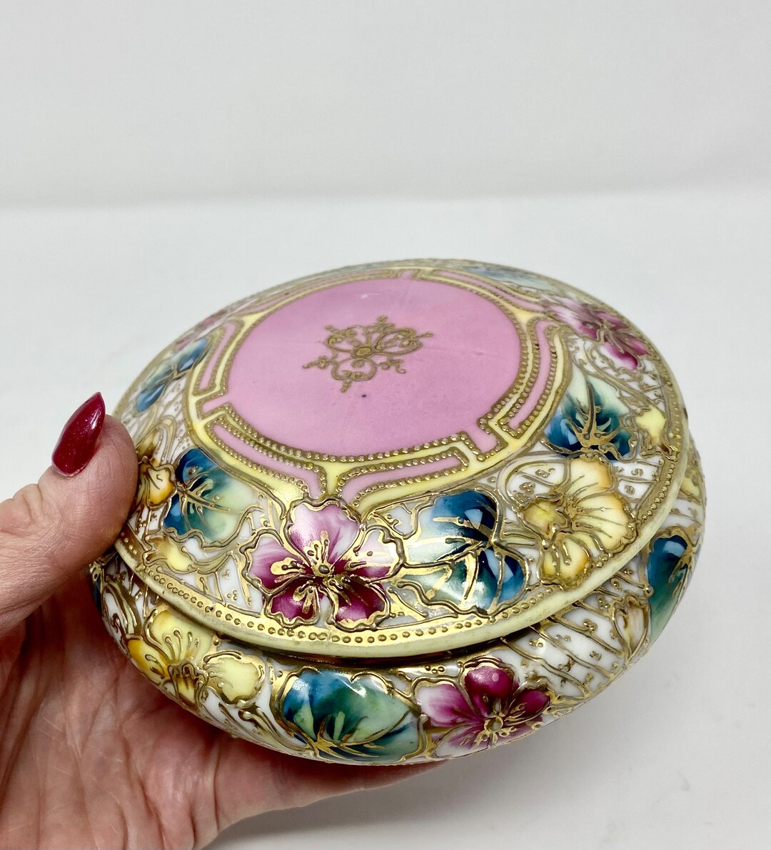 Antique Nippon Lidded Trinket Dish Hand Painted Floral Trinket Etsy