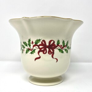 Vintage LENOX Holiday Vase: Gold Red Ribbon, Holly Berry Design