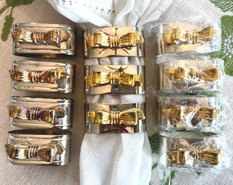 Vintage Silver Plated Napkin Rings with Gold Tone Bows Napkin Holders Sets of 4 or 11 Wedding Holiday Tablescapes