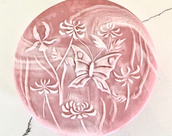 Inoclay Round Blush Pink Soapstone Jewelry Trinket Box Raised Butterfly and Florals Signed by Robert Nemith Design Gifts International