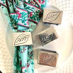 Pewter Square Shaped Leaf Napkin Rings Silver Napkin Holders Set of 4