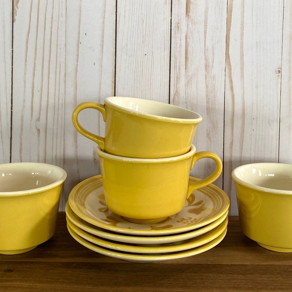 Royal China Cavalier Ironstone USA Damsel Teacups and Saucers 1960s Yellow MCM Decor 8 Pieces