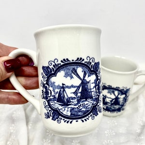 Windmill Coffee Mugs by Churchill England with Delft Blue Inspired Windmill & Sailboat Design Set of 2