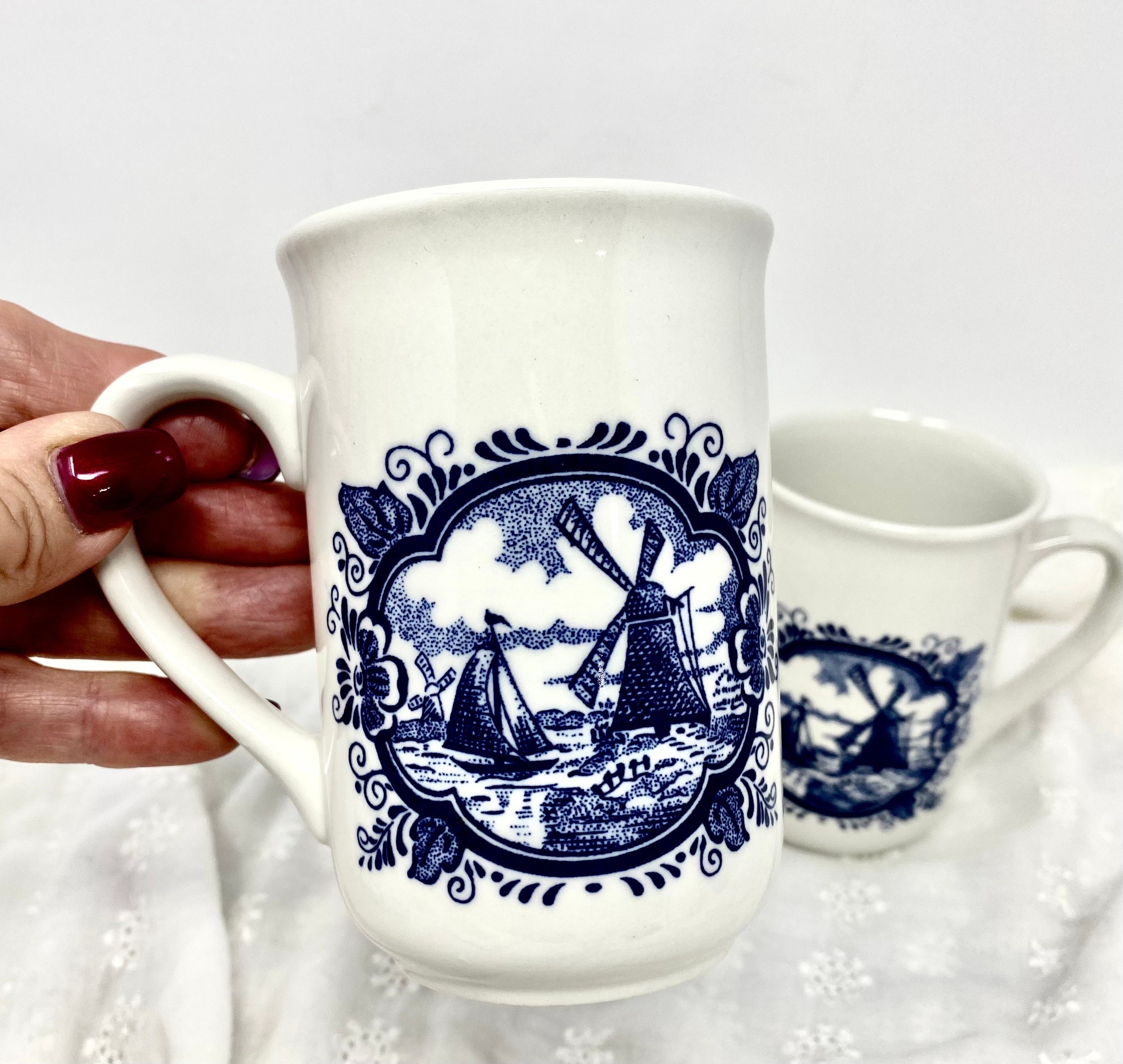 Churchill England Coffee Mugs: Delft Blue Windmill & Sailboat