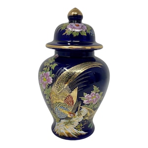 Vintage kobaltblauw porseleinen gemberpotje: Bird Design, National Silver Co.