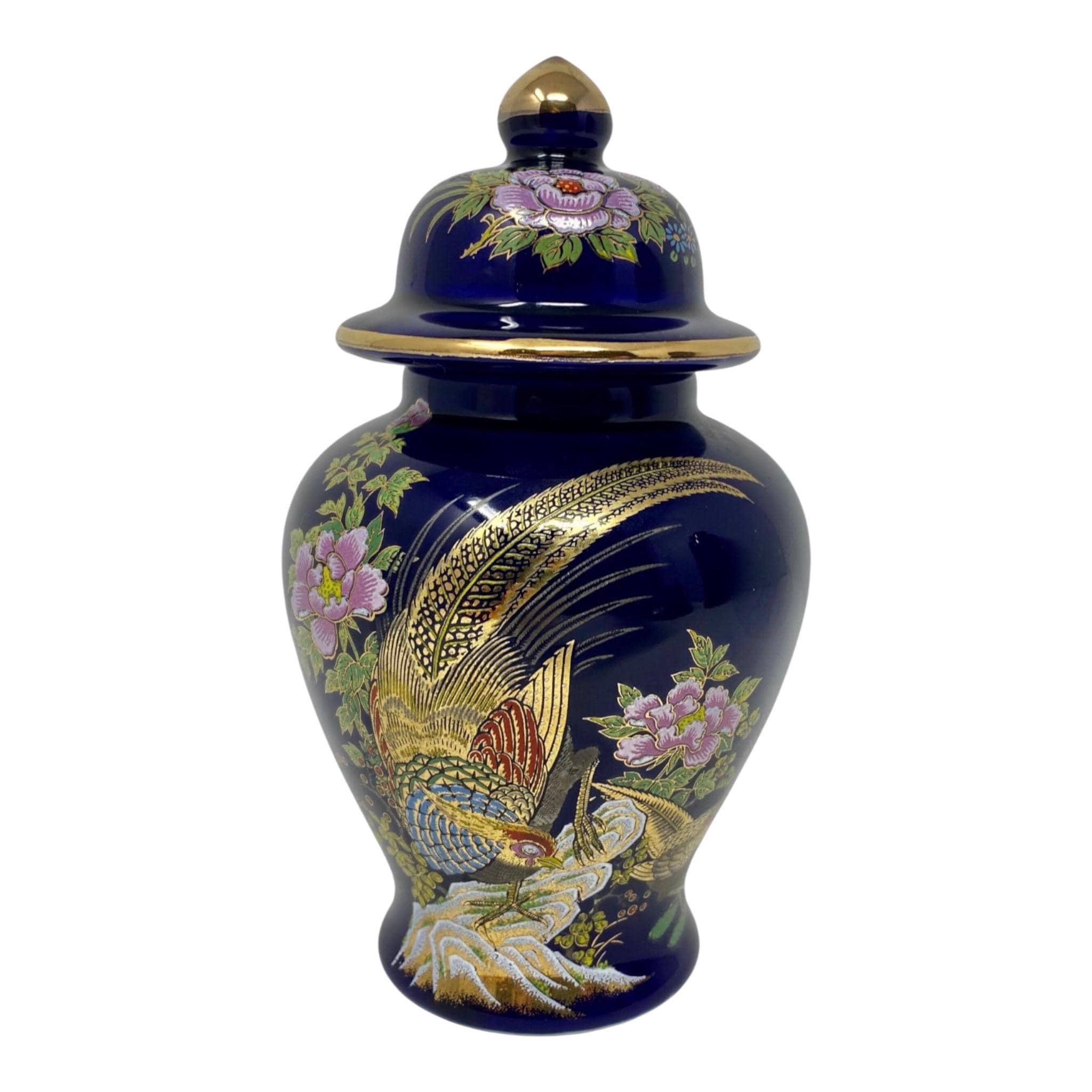 Vintage Cobalt Blue Porcelain Ginger Jar: Bird Design, National