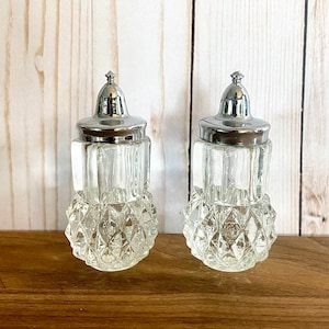 Vintage Indiana Glass Clear Cut Glass Diamond Point Salt and Pepper Shakers Silver Toppers Set of 2