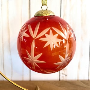 Vintage Hand Blown Art Glass Kugel Style with Frosted Etched Stars 3” Christmas Tree Ornament with Brass Topper Old World