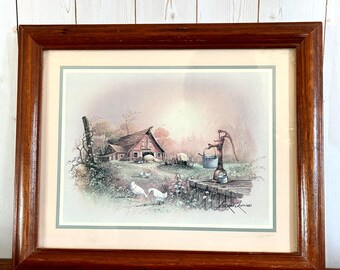Framed Vintage Artwork Artwork by Artist Andres Orpinas Country Farmhouse and Ducks Decor
