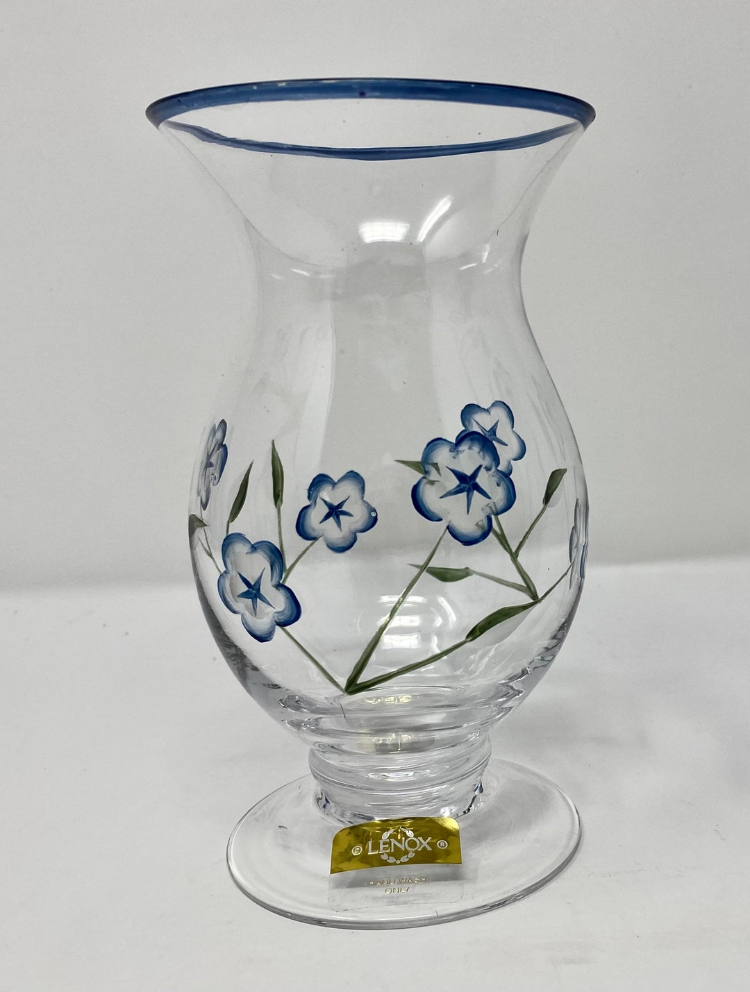 Lenox Glass Vase Clear Cut Etched Blue Floral Painted Pansy Etsy