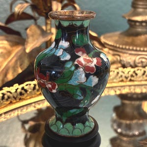 Vintage Chinese Cloisonne 3” Mini Vase for Flowers Pink Green Florals on Black Enamel with Wooden Stand Asian Decor