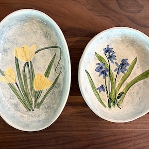 Salt Marsh Pottery Oval Bowl: Floral Art Pottery, Crocus or Scilla