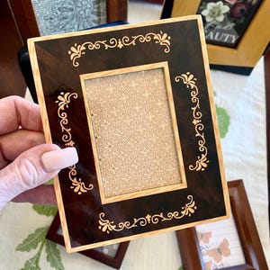 Mini Wooden Photo Frame Scrolls on Brown Laquer 2.25” x 3.25” Small Tabletop Picture Frame