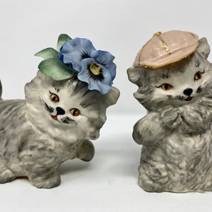 Kitty Cat Figurines Pansy Hat Pink Cap Grey Cats Collectible Ceramic Kitschy Knick Knacks Cat Lady Set of 2