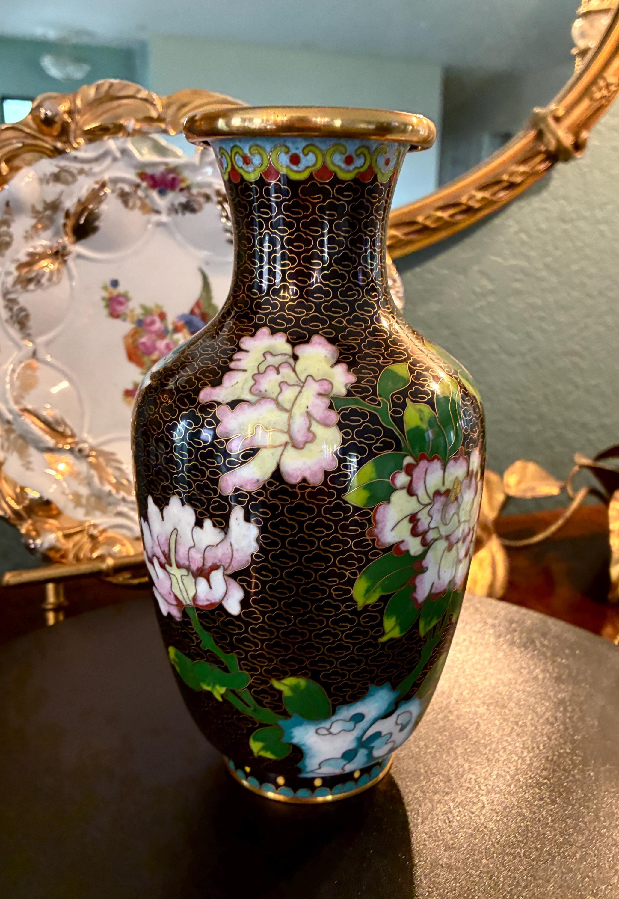 Vintage Chinese Cloisonne 8” Vase for Flowers Pink Florals on