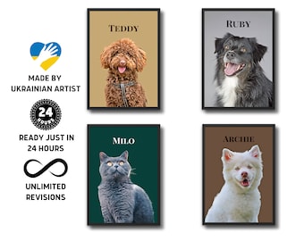 Op de afbeelding: Vier digitale huisdierportretten in zwarte frames. De portretten zijn van een bruine poedel genaamd Teddy, een zwart-witte hond genaamd Ruby, een grijze kat genaamd Milo en een witte hond genaamd Archie. Elk portret heeft een effen achtergrondkleur.