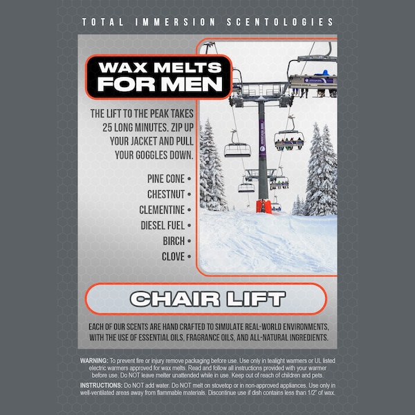 CHAIR LIFT wax melt -- masculine wax melt, men gift, man cave, strong wax melt, gifts for men, best man gift, skiing, ski, winter, snow