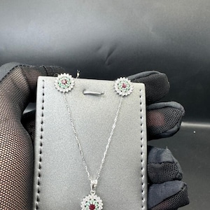 18k solid White Gold earrings and pendant necklace Natural Emeralds Natural Ruby and lab grown diamonds precious item best gift for everyone